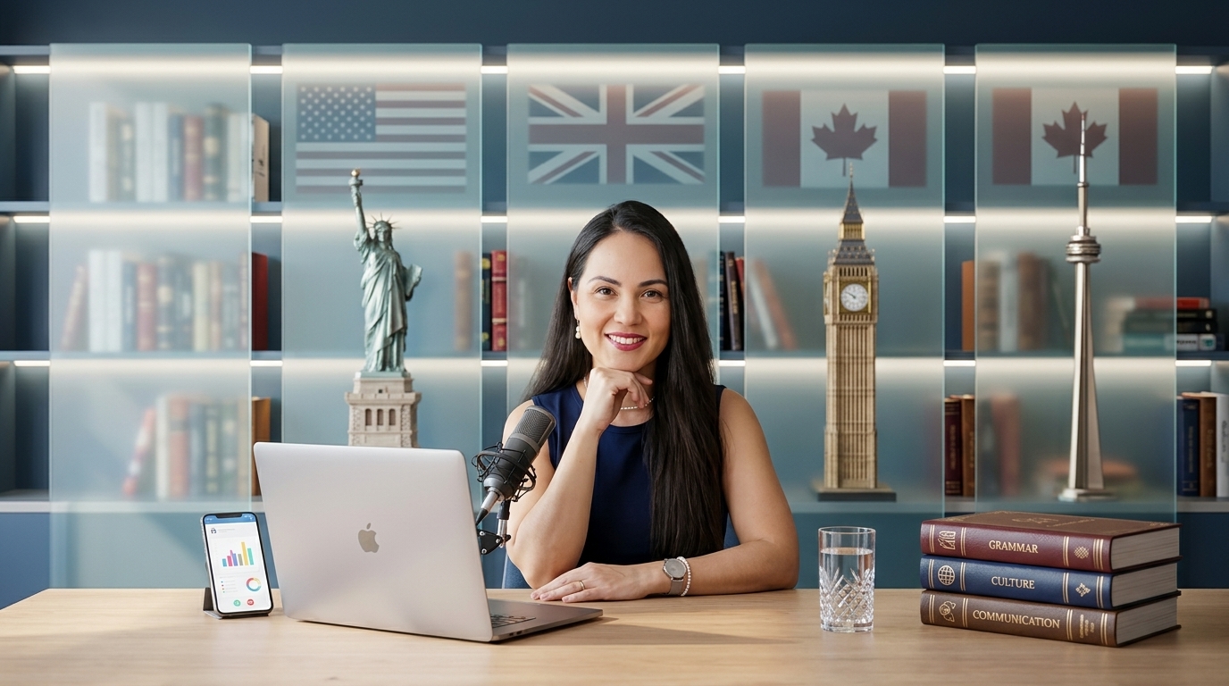 Professora Patrícia Pimentel em seu estúdio de aulas de inglês - Soft English